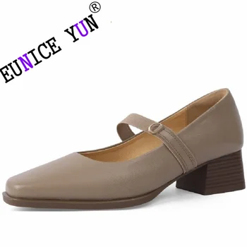 【ЮНИС Юн】 Весенне-осенние женские брендовые туфли из натуральной кожи с квадратным носком на массивном каблуке Mary Janes Classics, однотонные размеры 34-40