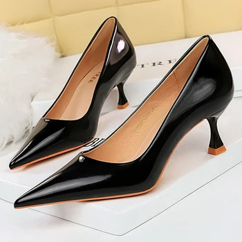 Женская обувь BIGTREE на каблуке 5,5 см, женские туфли-лодочки из лакированной кожи, профессиональная офисная обувь, модные туфли на каблуке в виде котенка, большие размеры 42 43