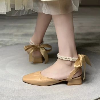BCEBYL / Новые модные босоножки с квадратным носком на толстом каблуке и жемчужным бантом, летние Элегантные женские туфли на низком каблуке с мягкой подошвой