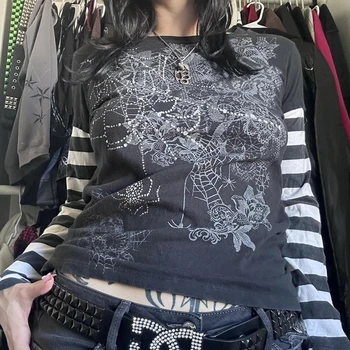футболка 2000-х с графическим принтом, Многослойные полосатые пуловеры с длинным рукавом, футболки, японские Y2K Cyber Grunge, Винтажные топы, женская одежда