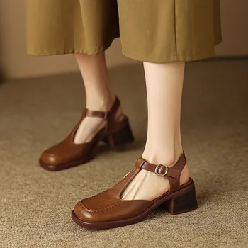 Phoentin/ Женские босоножки из натуральной кожи с ТОбразным ремешком 2023 года в стиле ретро с квадратным носком на высоком массивном каблуке, Повседневная летняя обувь коричневого цвета FT2283