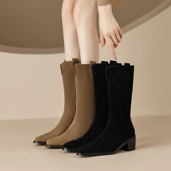 2023 новые осенне-зимние женские ботинки до середины икры из натуральной кожи 22-24,5 см, современные ботинки из коровьей замши с острым носком и боковой молнией в западном стиле