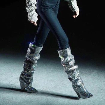 Сапоги до колена с кристаллами для подиума, женские мешковатые длинные сапоги со стразами, с острым носком, на высоком каблуке с шипами 70 мм, рыцарские сапоги с блестками