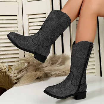 Женская обувь 2023, высококачественные женские ботинки на молнии, зимние хлопковые теплые модные ботинки до середины икры с круглым носком и однотонными блестками на среднем каблуке