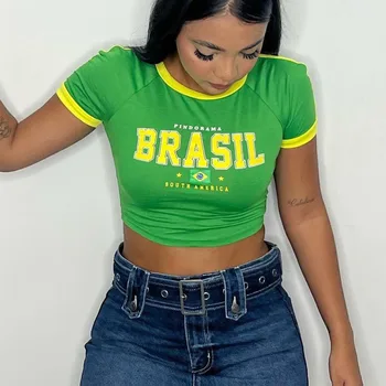 Y2k Эстетика, Бразильские топы с вышивкой для девочек, винтажная повседневная женская футболка с коротким рукавом 2023, сексуальная одежда, детские футболки в стиле гранж