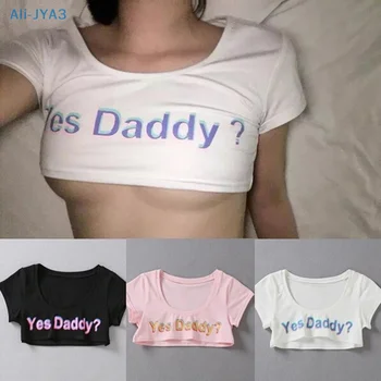 1 шт. Мягкая Удобная хлопковая женская футболка с буквенным принтом и круглым вырезом Yes Daddy, укороченная футболка для бега с коротким рукавом