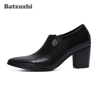 Мужские ботильоны Batzuzhi из натуральной кожи черного цвета на высоком каблуке 7,5 см, мужские ботинки с острым носком, обувь для вечеринок и свадеб Zapatos Hombre