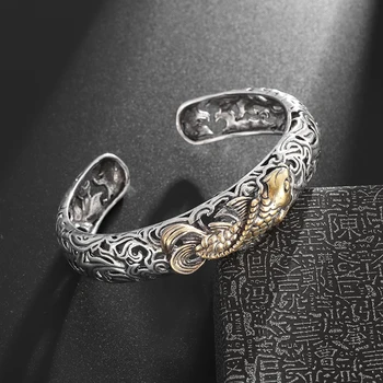 Ретро Рыба Кои Резные браслеты с полым рисунком Удачи Модный открытый браслет для мужчин Женщин Богатство Ювелирные изделия Подарок