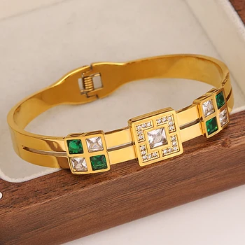 Greatera Изысканный браслет-манжета из нержавеющей стали, браслеты для женщин, Позолоченные, инкрустированные бело-зеленым цирконом, браслеты для вечеринок