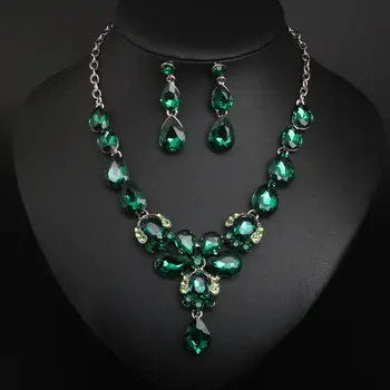 Ожерелье и серьги с зелеными кристаллами, модные наборы украшений со стразами, Индийская свадебная бижутерия для новобрачных.